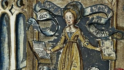 A Dama da Aritmtica em uma xilogravura colorida  mo de 'Margarita Philosophica' ('A Prola Filosfica'), de Gregor Reisch (1467? -1525) Imagem: Getty Images via BBC